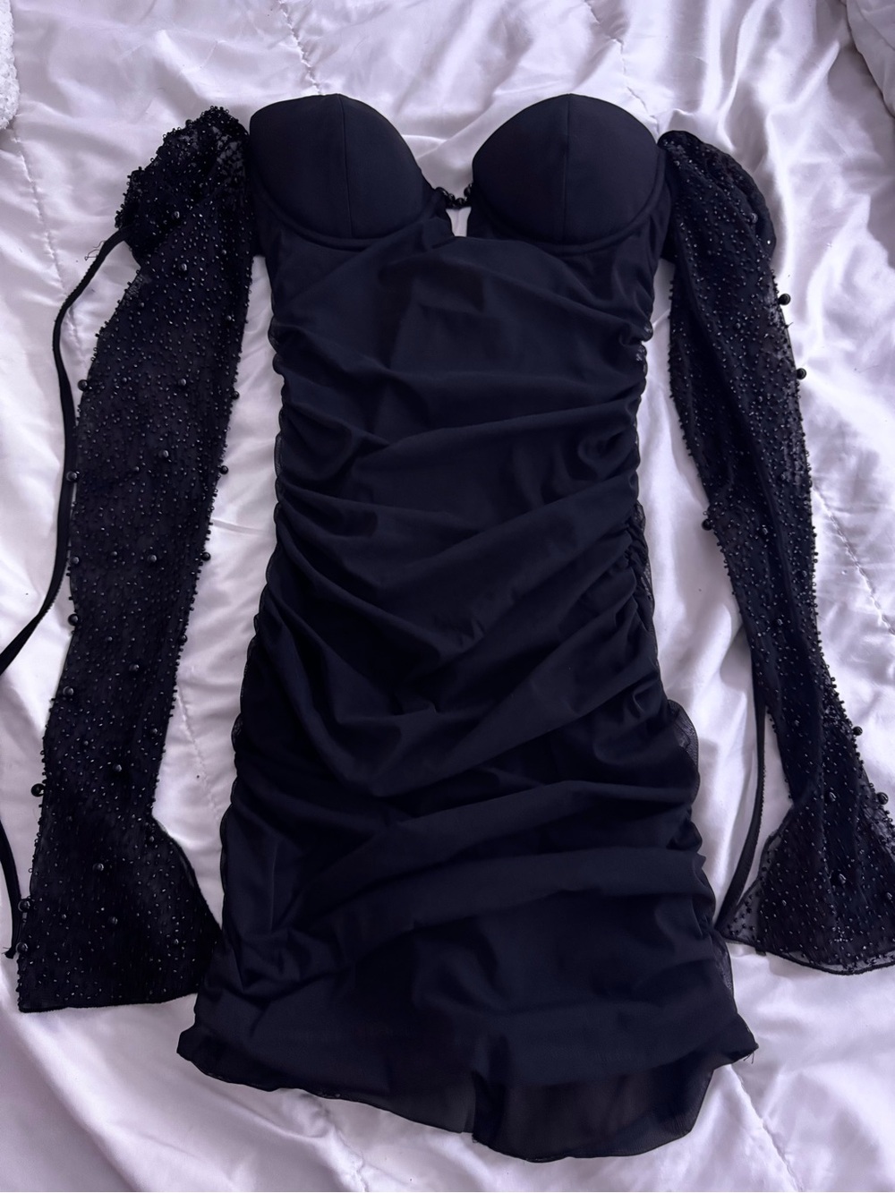 Oh Polly Black Beaded Sleeve Ruched Bustier Mini Dress
